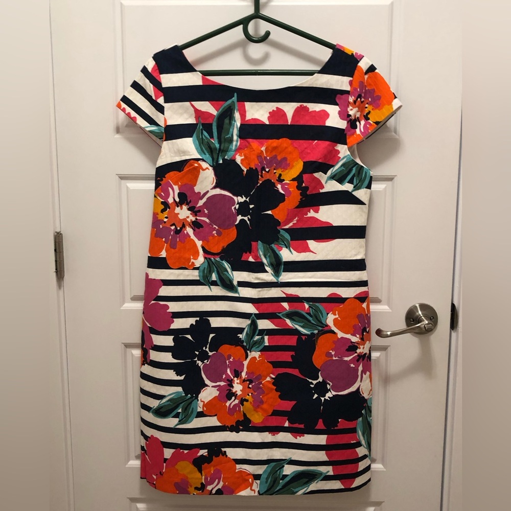 NWT ELIZA J Floral and Striped, 100% Cotton Dress with Cap Sleeves